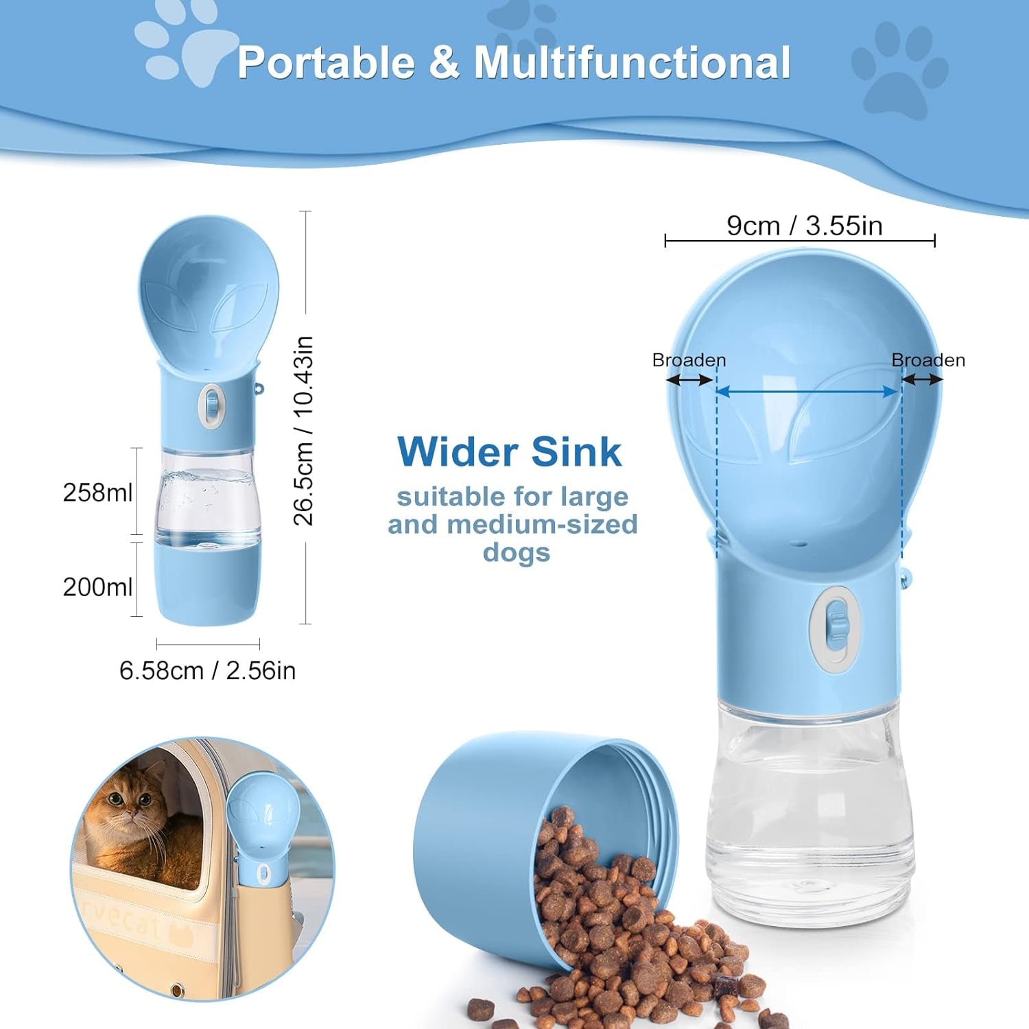 Dog Water Bottle - Dishwasher Safe Material Multifunctional Portable Dog Water Bottle with Food Container Dog Water Bottle Suitable for Outdoor Activities Walking Hiking and Camping(Blue)